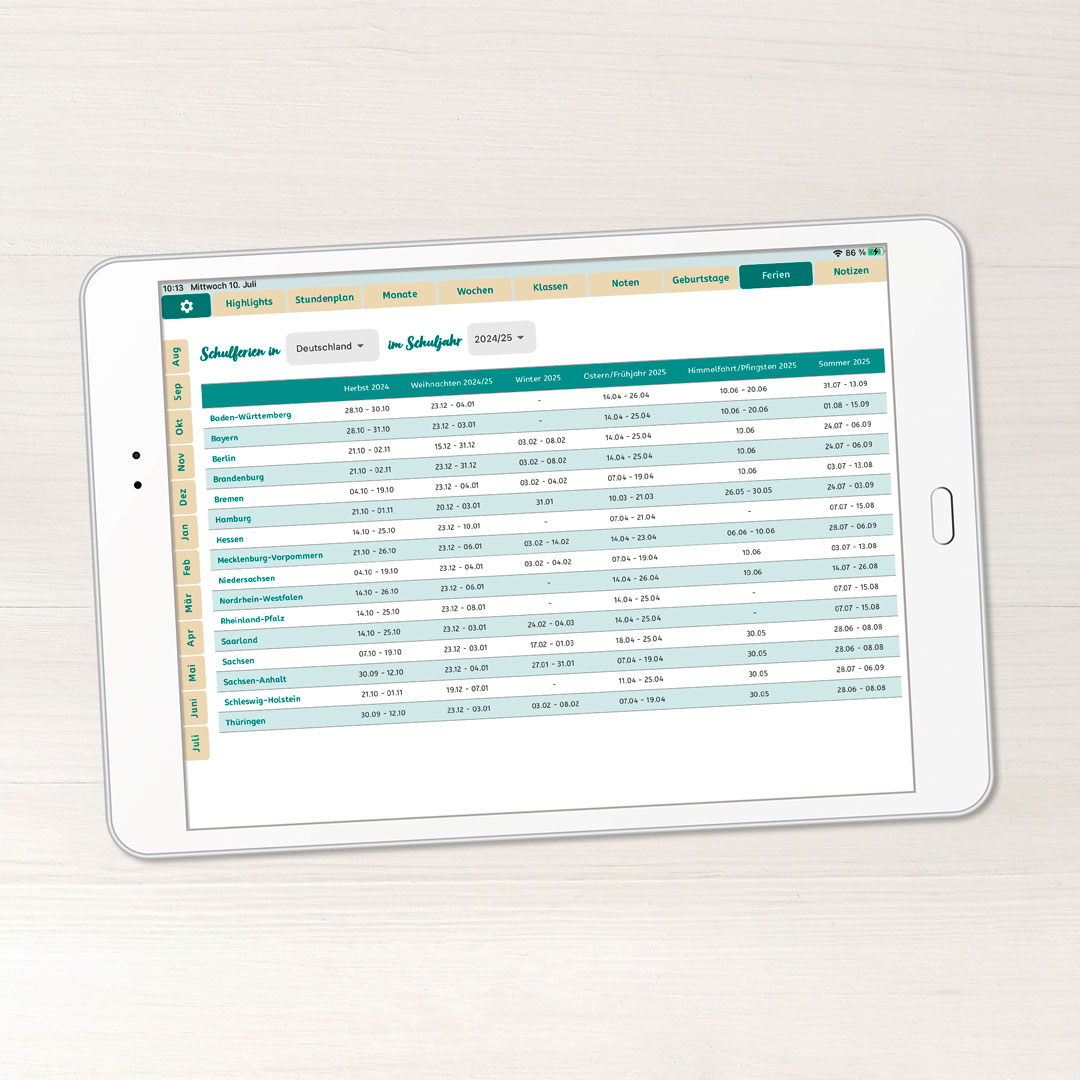 Screenshot der Lehrerplaner-App von den Schulferien